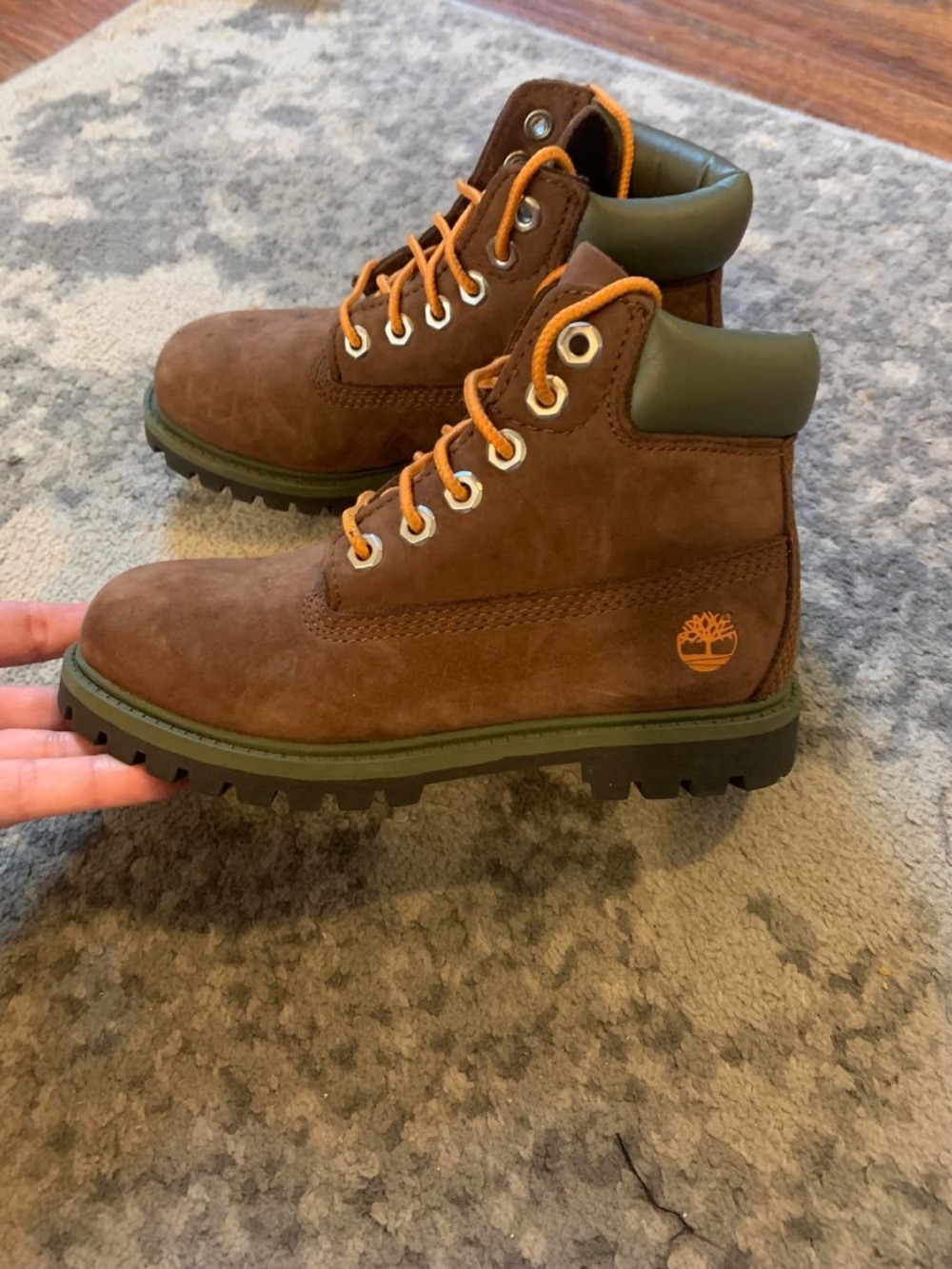 Timberland Brown Boots with Olive Collar and Orange Laces